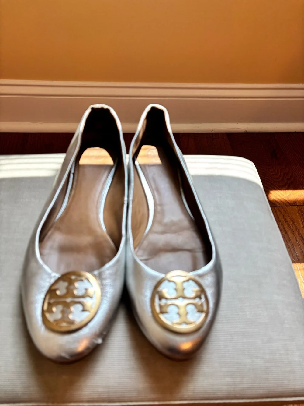 Tory Burch Silver Leather Logo Ballet Flats